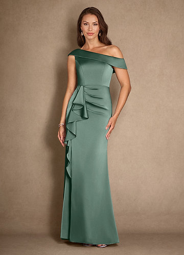 Azazie Hamptons Mother of the Bride Dresses Vestir Eucalipto de Cetim elástico de Linha A com Plissado image1