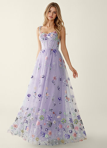 Irisqun Light Purple 3D Flowers Sequin Embroidery Beading Tulle Prom Dress image1