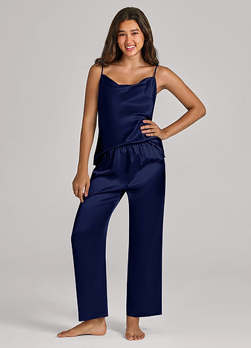 front Matching Color Satin Cami Pants Pajama Set