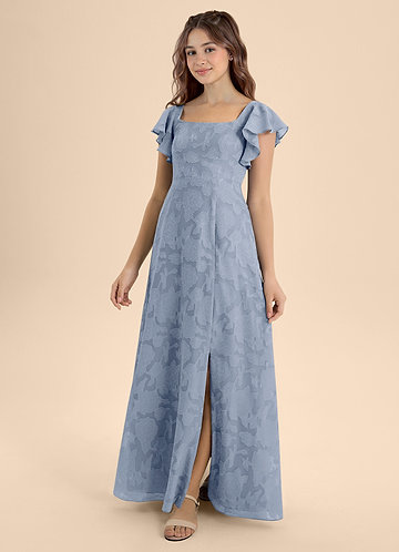 Azazie Bondi Junior Vestido de Azul Polvoriento de Devorado Floral de Corte en A con Lazo image1