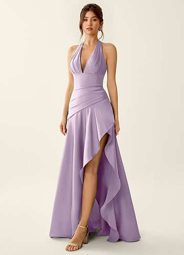 Titania Frosted Lilac Satin V-neck Ruffled Prom Dress image1