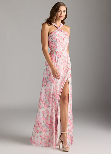 Azazie Rue Vestidos Dama de Honor Vestido de Acuarela Abstracta Floral de Gasa de Corte en A con Halter image1