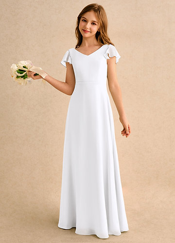 Azazie Nari Girls Formal Abiti da Ragazza di Fiori Abito A-Line in Chiffon Con Maniche Bianco image1