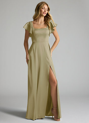 Azazie Bondi Bridesmaid Dresses Vestido Musgo Verde de Cetim elástico de Linha A com Arco image1