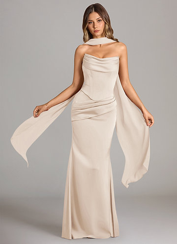 Azazie Sorrel Brudtärneklänningar Klä av Sjöjungfru i Stretch Satin Axelbandslös Vit Alabaster Konvertibel image1