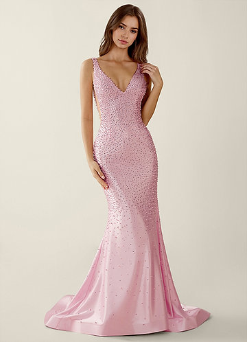 Roxana Powder Pink V-neck Hot Rhinestones Corset Prom Dress image1