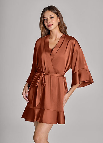 front Matching Color 2-Piece Ruffle Satin Robe and Slip Set