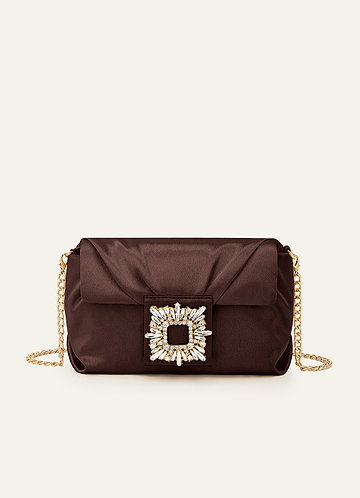 front Matching Color Stretch Satin Rhinestone Square Buckle Clutch