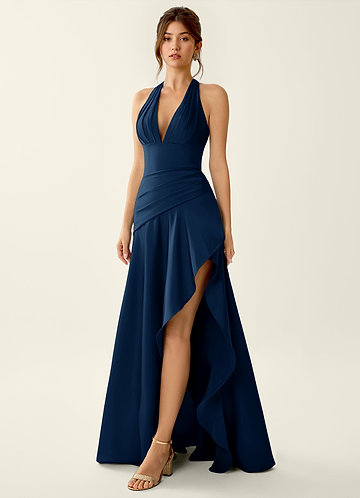 Titania Marine Satin-Abendkleid mit V-Ausschnitt und Rüschen image1