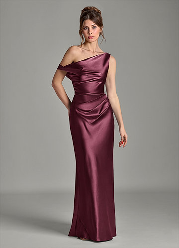 Azazie Emerson Bridesmaid Dresses Cabernet Mermaid Off the Shoulder Metallic Satin Dress image1