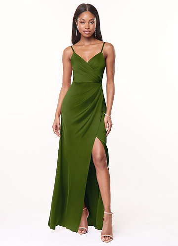 Azazie Maci Bridesmaid Dresses Juniper A-Line V-Neck Pleated Stretch Satin Dress image1 0
