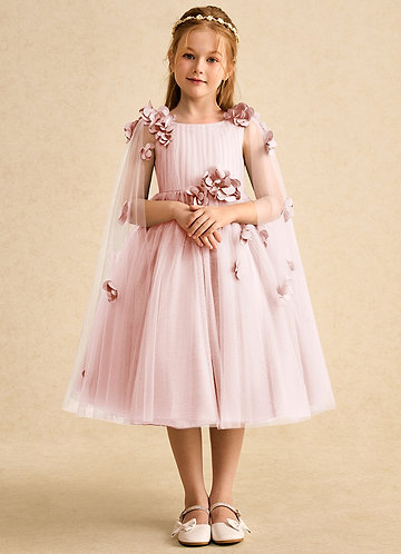 Azazie Staria Flower Girl Dresses Blushing Pink Ball-Gown Ruched Tulle Dress image1