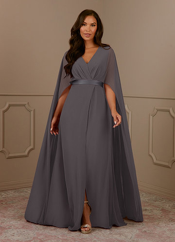Azazie Annetta Steel Grey A-Line V-Neck Pleated Mesh Dress | Azazie CA