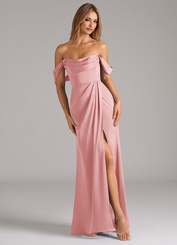 Azazie Johana Robes Demoiselle d'honneur Robe Sirène Convertible en Satin extensible Épaule décolletée Rose Poudré image1