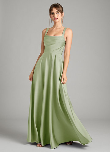 Azazie Shaude Bridesmaid Dresses Dusty Sage A-Line Pleated Stretch Satin Dress image1