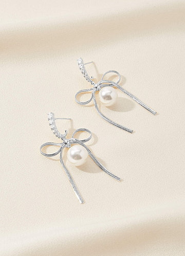 front Bow and Pearl Dangle Earrings