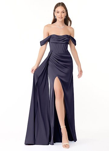 Azazie Amyra Bridesmaid Dresses Stormy Mermaid Off the Shoulder Stretch Satin Convertible Dress image1