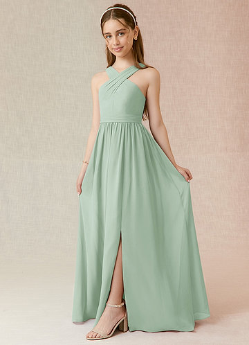 Azazie Jiya Junior Abito A-Line in Chiffon Plissettato Agave image1
