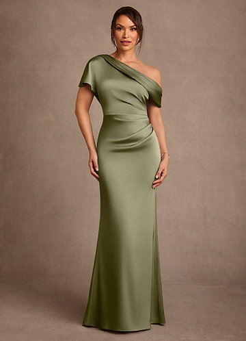 Azazie Rutha Mother of the Brides Dresses Pistachio Sheath One Shoulder Stretch Satin Dress image1