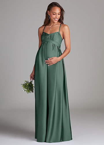 Azazie Llana Maternity Bridesmaid Dresses Vestir Linha A com bolsos Comprimento do chão Cetim elástico image1