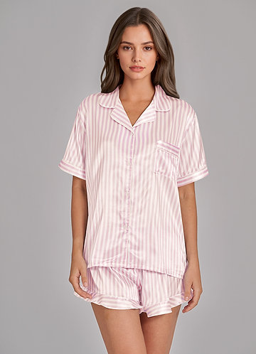 front Satin Striped Piped Pajama Set & Ruffled Shorts