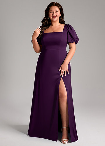 Azazie Fyona Vestidos de dama de honor Vestido de Uva de Satén Elástico de Línea A con Plisado image1
