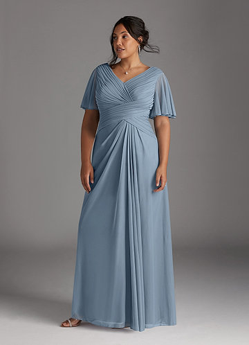 Azazie Emmeline Mother of the Brides Dresses Dusty Blue A-Line V-Neck Pleated Mesh Dress image1