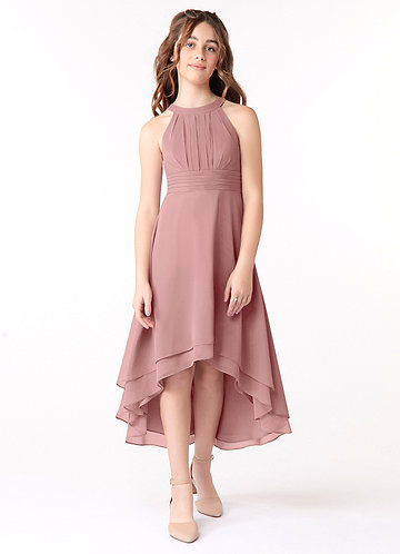 Azazie Linna Junior Vestido de Rosa Polvorienta de Gasa de Corte En A con Plisado image1