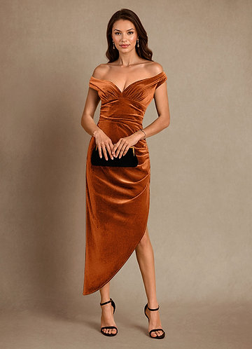 Azazie Nabila Vestidos de Madre de la Novia Vestido de Naranja Quemada de terciopelo de Columna con Vestidos sin tirantes image1