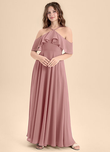 Azazie Tessabelle Junior Vestido de Rosa Polvorienta de Gasa de Corte en A con Vestidos sin tirantes image1