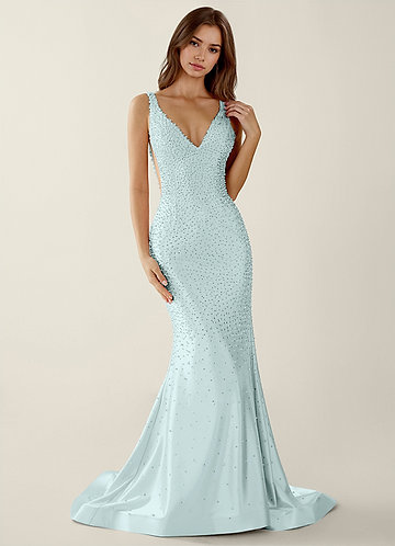 blue long prom dress Blue satin v neck lace long prom dress, blue evening dress main image 0