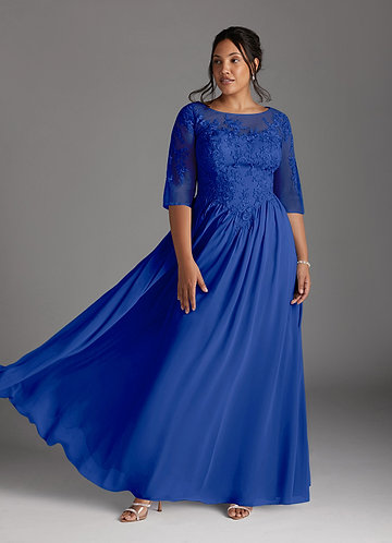 Azazie Mirielle Brautmutterkleider A-Linie Schaufel Spitze Chiffon Kleid Königsblau image1
