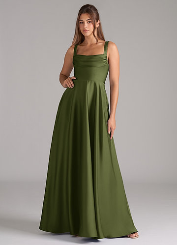 Azazie Shaude Bridesmaid Dresses Olive A-Line Pleated Stretch Satin Dress image1
