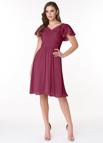 Azazie Hadley Modest Bridesmaid Dresses A-Line Pleated Chiffon Knee-Length Dress image1