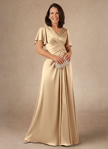 Azazie Emmeline Mother of the Brides Dresses Champagne A-Line Pleated Stretch Satin Dress image1