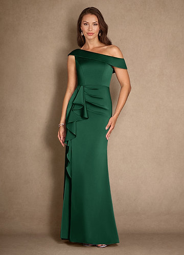 Azazie Hamptons Vestidos de Madre de la Novia Vestido de Verde Oscuro de Satén Elástico de Corte En A con Plisado image1