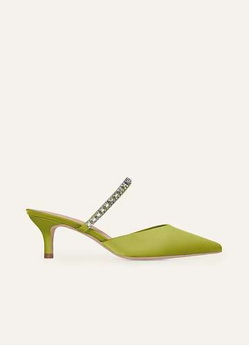 front Matching Color Stretch Satin Rhinestone Slip-on Kitten Heels