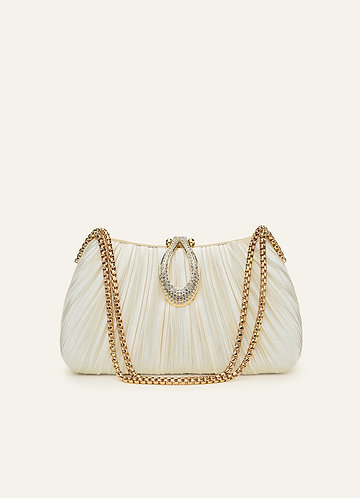 front Matching Color Crystal Buckle Pleated Satin Clutch Bag