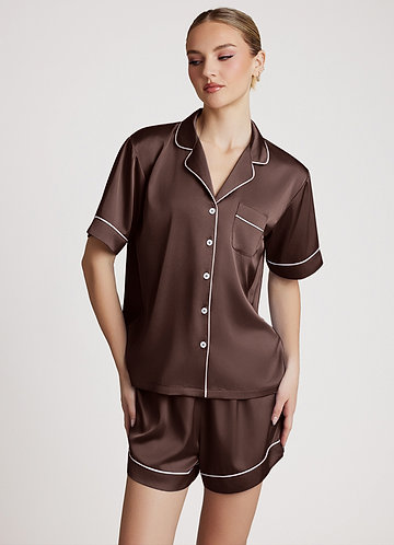 front Ganache Satin Contrast Piping Pajama Set