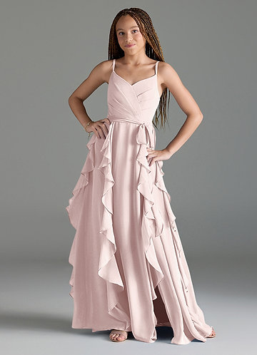 Azazie Peyton Junior Klä av A-Line i Chiffong V-ringad kaskad volanger image1