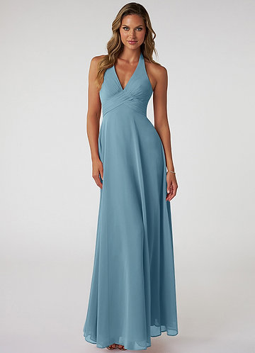 Azazie Tessie Vestidos Dama de Honor Vestido de Azul Malhumorado de Gasa de Corte en A con Cuello en V plisado image1