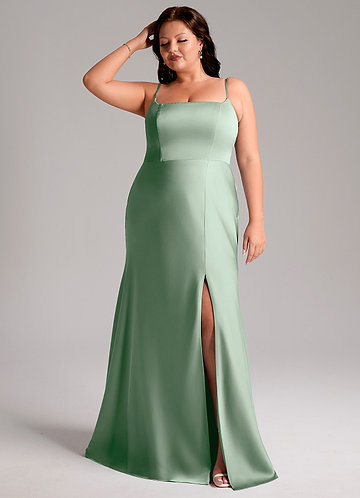 Azazie Lidia Bridesmaid Dresses Vestido Agave de Cetim elástico de sereia com Fenda Lateral image1