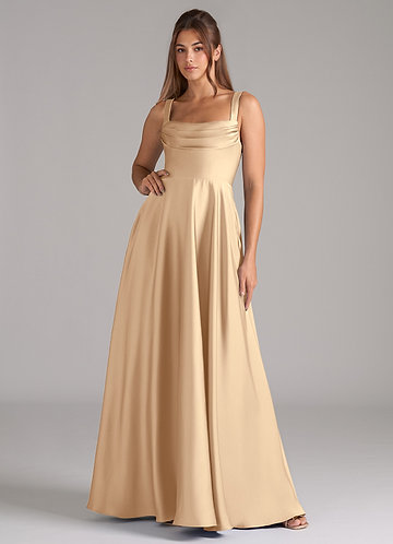 Azazie Shaude Bridesmaid Dresses Champagne A-Line Pleated Stretch Satin Dress image1