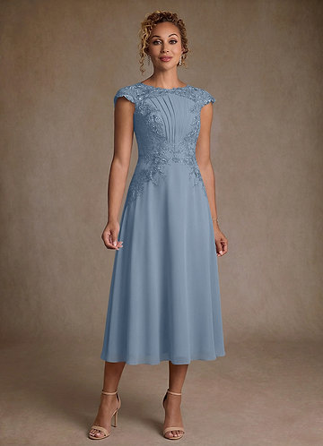 Azazie Crista Mother of the Bride Dresses Vestido Azul Empoeirado de Chiffon de Linha A com Renda image1