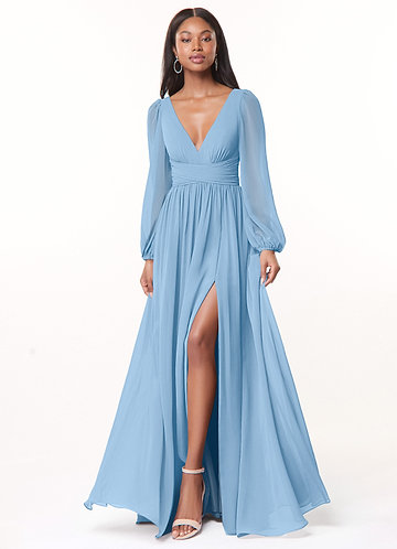 Azazie Norah Bruidsmeisjesjurken Jurk van Chiffon met A-lijn V-hals lange mouw Poederblauw image1