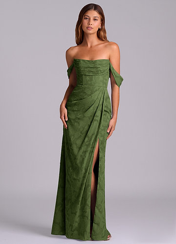 Azazie Johana Bridesmaid Dresses Vestido Oliva de Esgotamento Floral de sereia com Fora do ombro image1