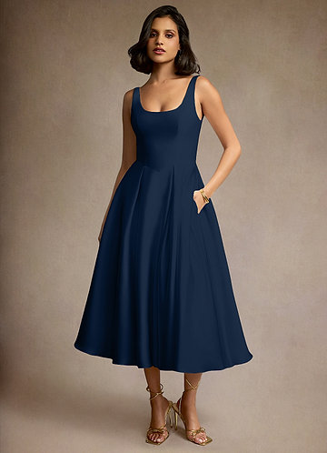 Mariea Navy Pleated Midi Dress image1