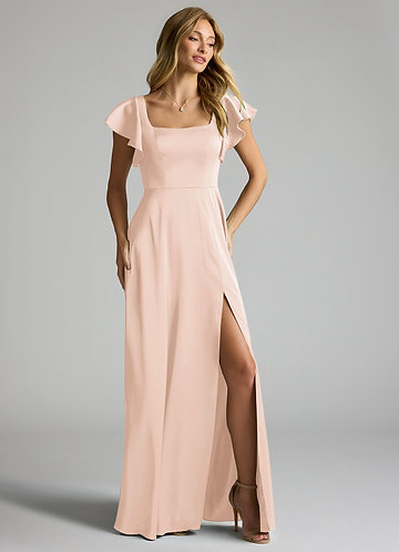 Azazie Bondi Bridesmaid Dresses Vestir Rosa Corado de Cetim elástico de Linha A com Arco image1