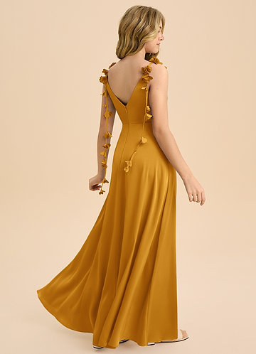 Azazie Gumdrop Junior Robe Empire en Satin extensible Plissée Caramel écossais image1