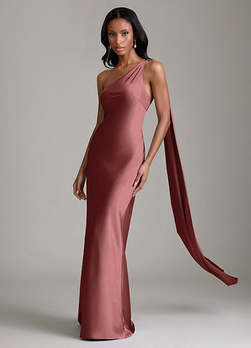 Azazie Juniper Bridesmaid Dresses Vestido Ametista de Cetim elástico de sereia com Um ombro image1